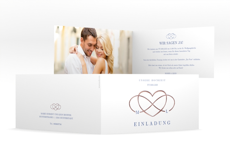 Hochzeitseinladung Infinity lange Klappkarte quer blau rosegold