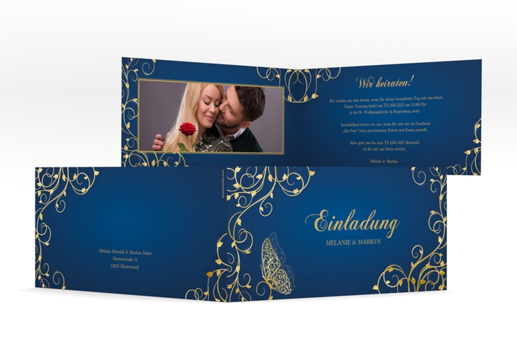 Hochzeitseinladung Eternity lange Klappkarte quer blau gold