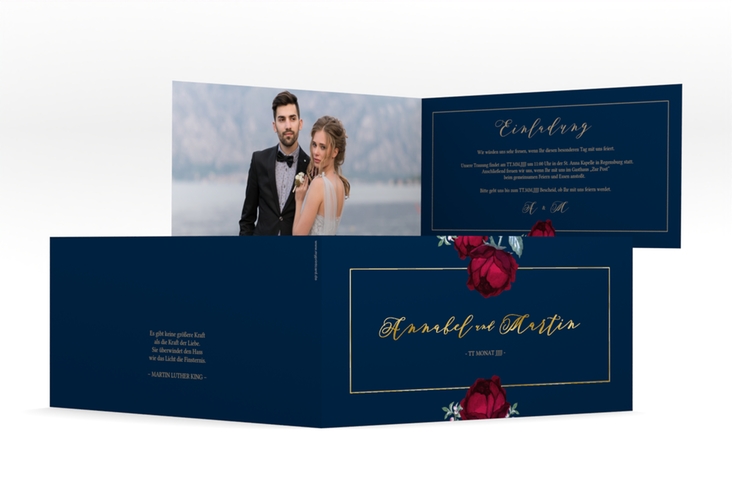 Hochzeitseinladung Peonies lange Klappkarte quer blau gold elegant mit Pfingstrosen