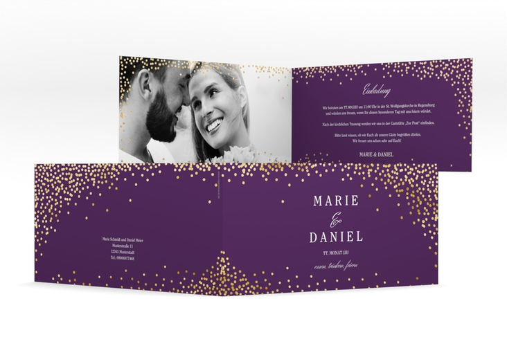 Hochzeitseinladung Glitter lange Klappkarte quer lila gold