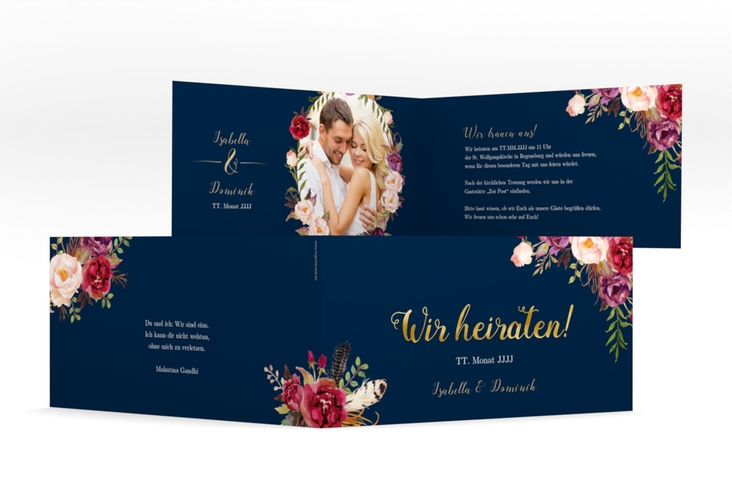 Hochzeitseinladung Flowers lange Klappkarte quer blau gold mit bunten Aquarell-Blumen