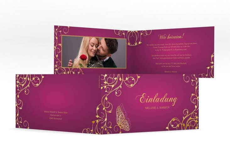 Hochzeitseinladung Eternity lange Klappkarte quer pink gold