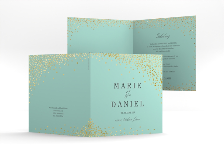 Hochzeitseinladung Glitter quadr. Klappkarte mint gold