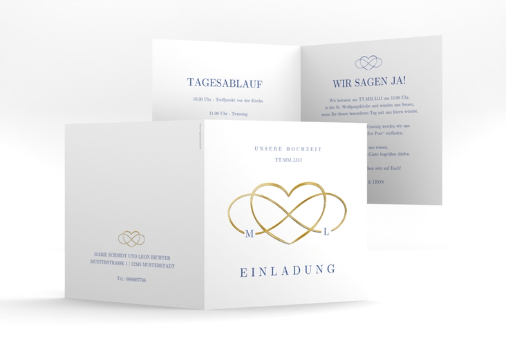 Hochzeitseinladung Infinity quadr. Klappkarte blau gold