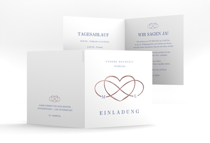 Hochzeitseinladung Infinity quadr. Klappkarte blau rosegold