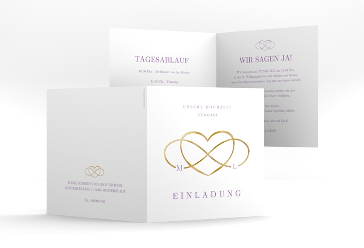 Hochzeitseinladung Infinity quadr. Klappkarte lila gold