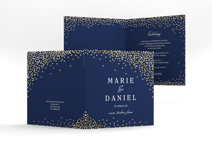 Hochzeitseinladung Glitter quadr. Klappkarte blau gold