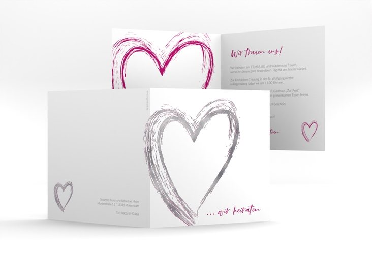 Hochzeitseinladung Liebe quadr. Klappkarte pink silber