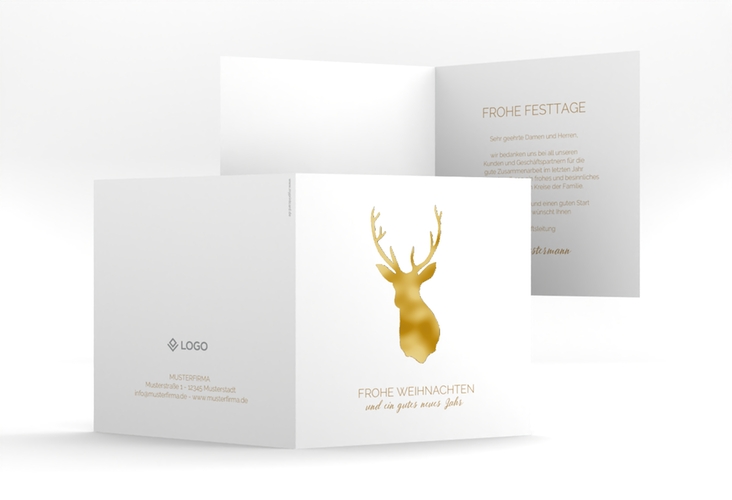 Business-Weihnachtskarte Deer quadr. Klappkarte gold gold und weiß mit Hirsch-Motiv