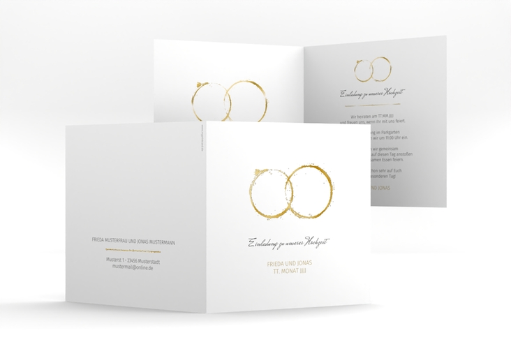 Hochzeitseinladung Trauringe quadr. Klappkarte gold gold minimalistisch gestaltet mit zwei Eheringen