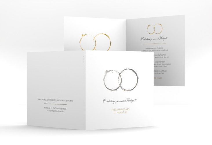 Hochzeitseinladung Trauringe quadr. Klappkarte gold silber minimalistisch gestaltet mit zwei Eheringen