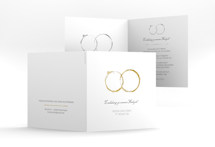 Hochzeitseinladung Trauringe quadr. Klappkarte grau gold minimalistisch gestaltet mit zwei Eheringen