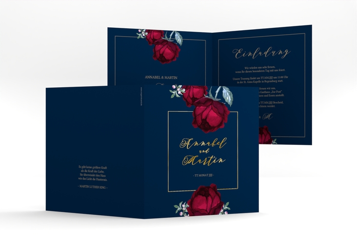 Hochzeitseinladung Peonies quadr. Klappkarte blau gold elegant mit Pfingstrosen