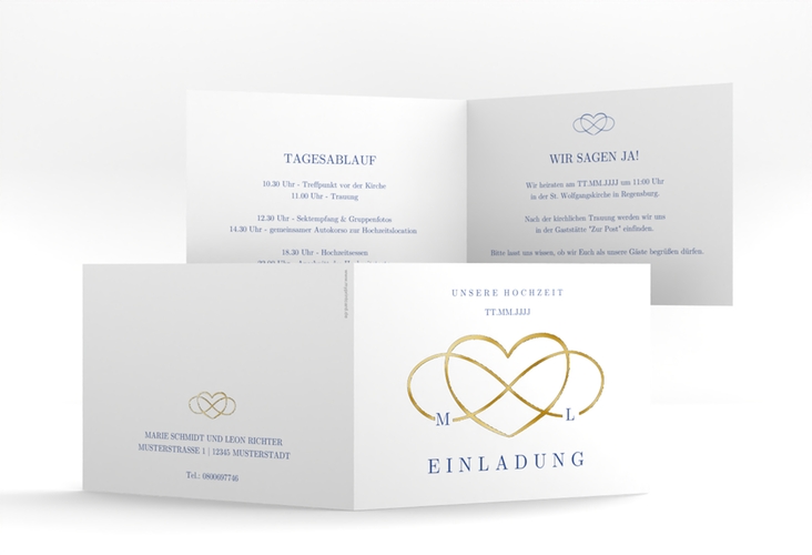 Hochzeitseinladung Infinity A6 Klappkarte quer blau gold