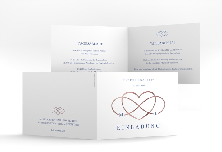 Hochzeitseinladung Infinity A6 Klappkarte quer blau rosegold