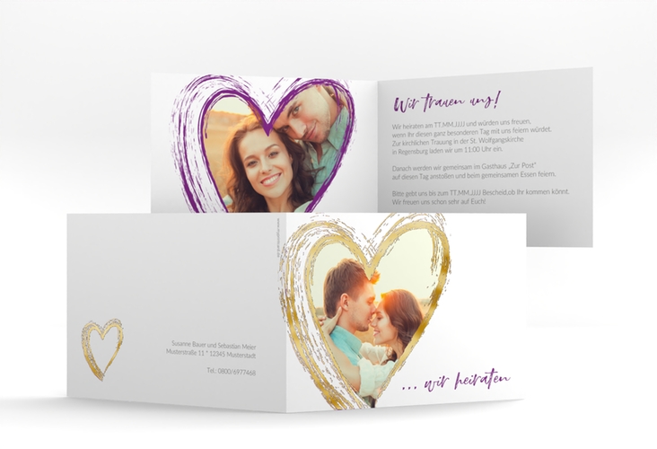 Hochzeitseinladung Liebe A6 Klappkarte quer lila gold