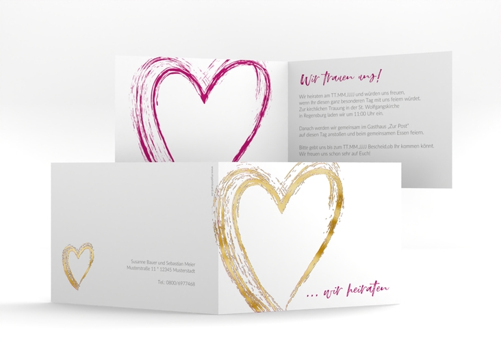 Hochzeitseinladung Liebe A6 Klappkarte quer pink gold