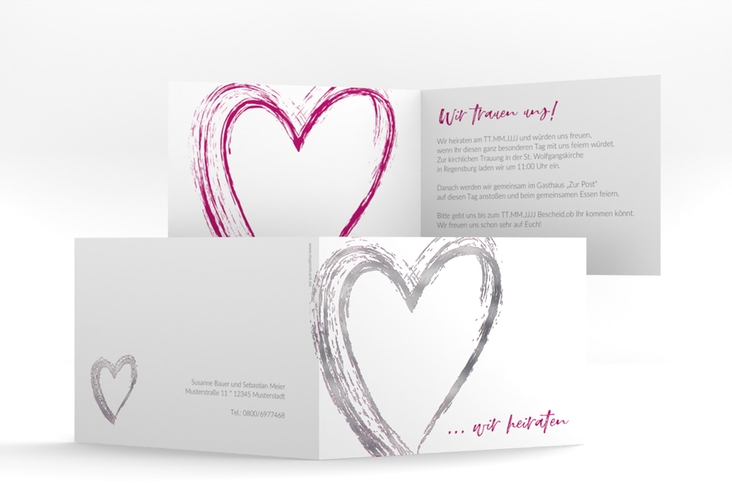 Hochzeitseinladung Liebe A6 Klappkarte quer pink silber