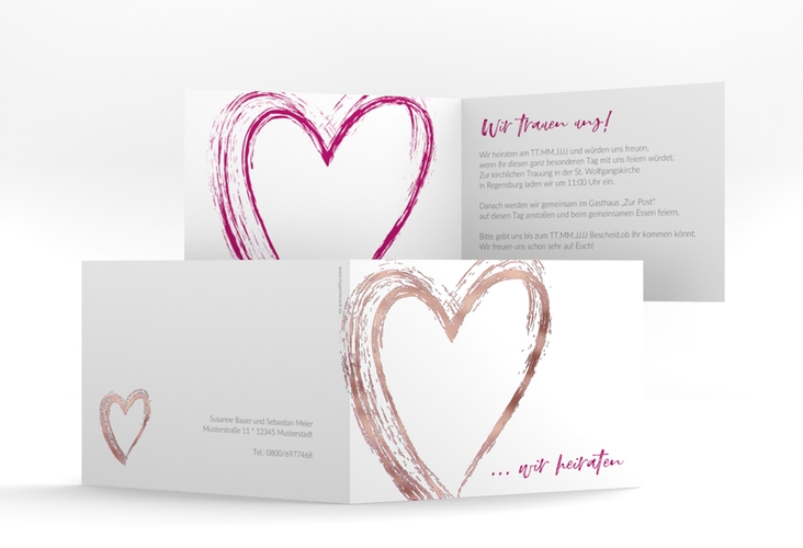 Hochzeitseinladung Liebe A6 Klappkarte quer pink rosegold