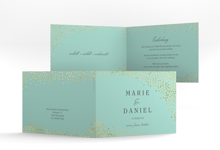 Hochzeitseinladung Glitter A6 Klappkarte quer mint gold