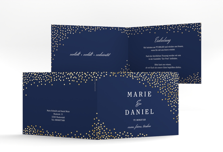 Hochzeitseinladung Glitter A6 Klappkarte quer blau gold