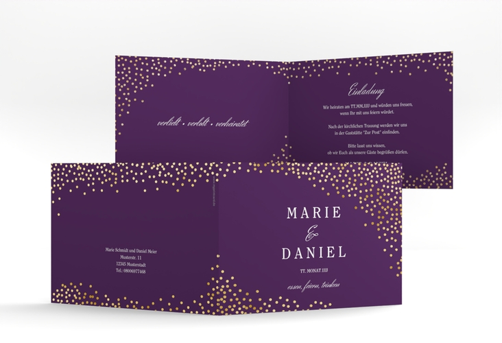 Hochzeitseinladung Glitter A6 Klappkarte quer lila gold