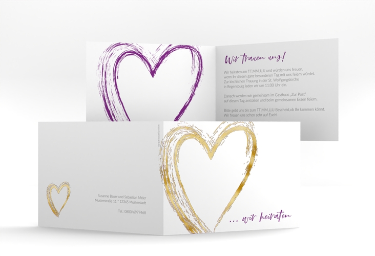 Hochzeitseinladung Liebe A6 Klappkarte quer lila gold