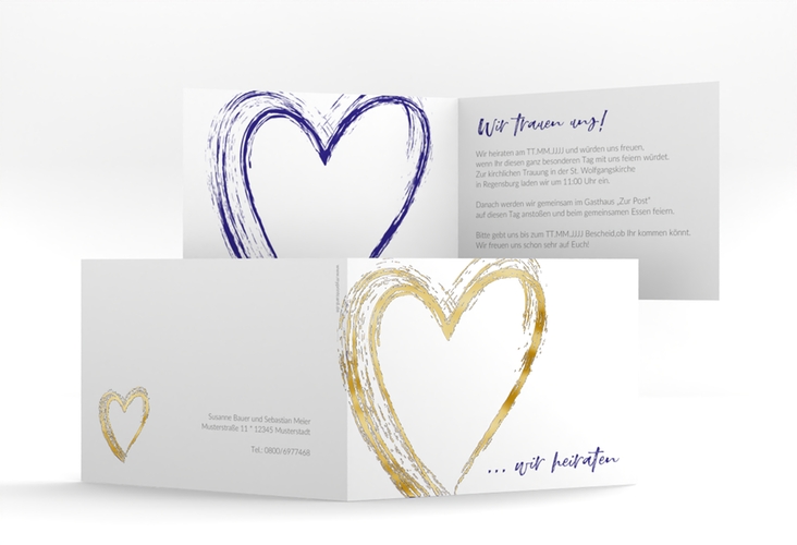 Hochzeitseinladung Liebe A6 Klappkarte quer blau gold