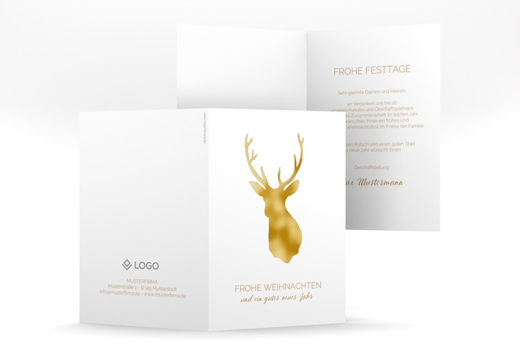 Business-Weihnachtskarte Deer A6 Klappkarte hoch gold gold und weiß mit Reh-Kopf