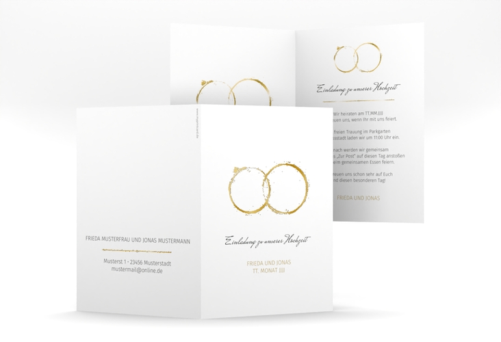 Einladungskarte Hochzeit Trauringe A6 Klappkarte hoch gold gold minimalistisch gestaltet mit zwei Eheringen