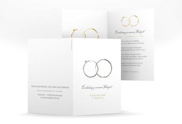 Einladungskarte Hochzeit Trauringe A6 Klappkarte hoch gold silber minimalistisch gestaltet mit zwei Eheringen