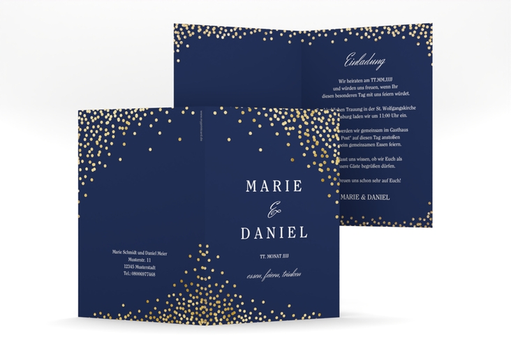 Einladungskarte Hochzeit Glitter A6 Klappkarte hoch blau gold