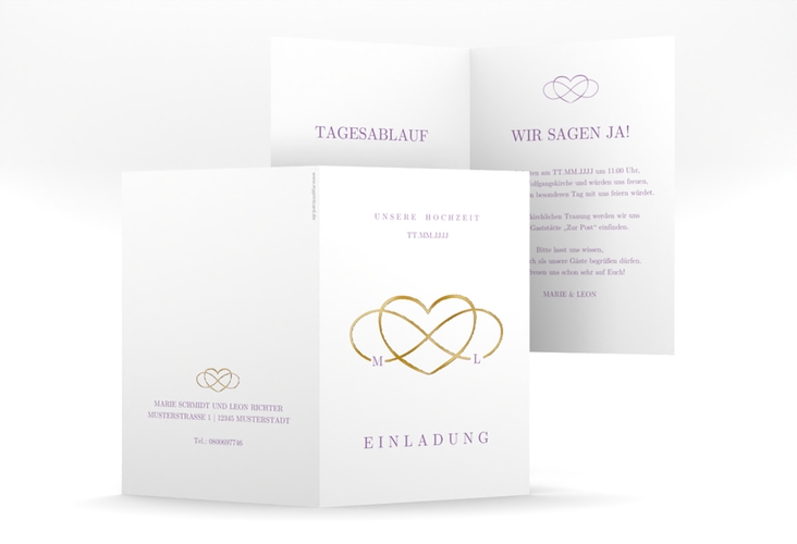 Einladungskarte Hochzeit Infinity A6 Klappkarte hoch lila gold