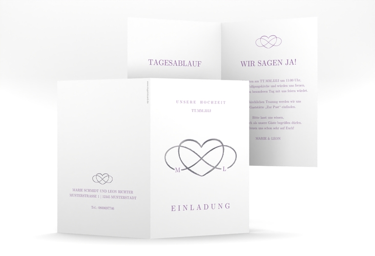 Einladungskarte Hochzeit Infinity A6 Klappkarte hoch lila silber