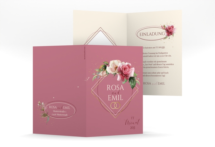 Einladungskarte Hochzeit Rosenbogen A6 Klappkarte hoch rosa gold