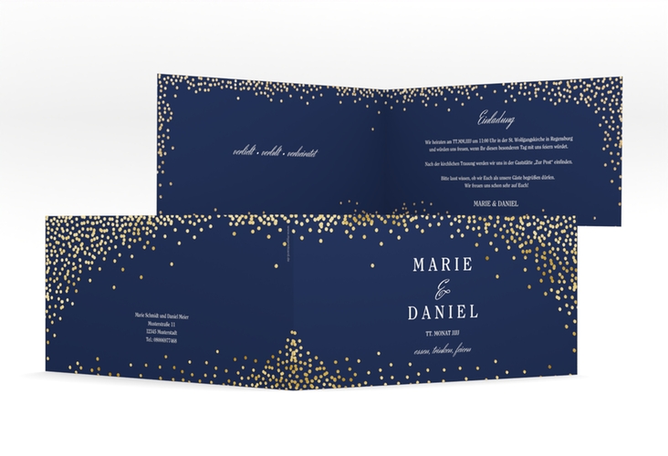 Hochzeitseinladung Glitter lange Klappkarte quer blau gold