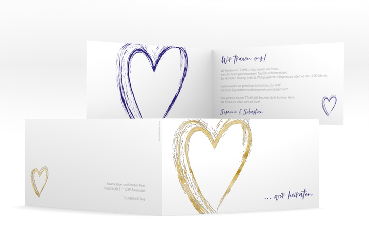 Hochzeitseinladung Liebe lange Klappkarte quer blau gold