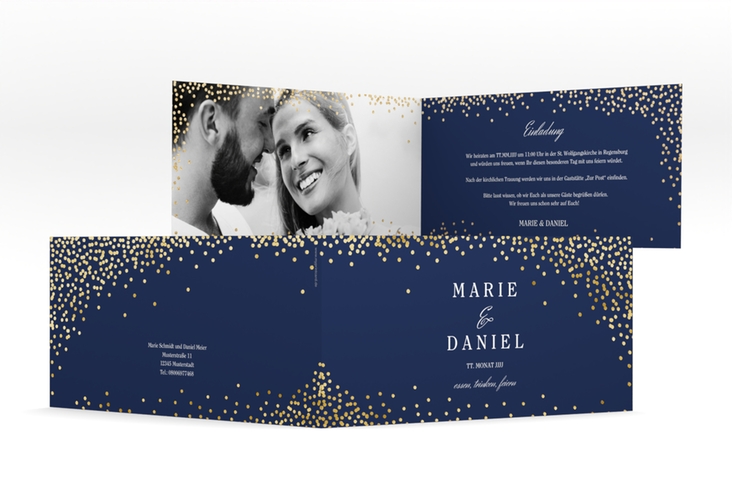 Hochzeitseinladung Glitter lange Klappkarte quer blau gold