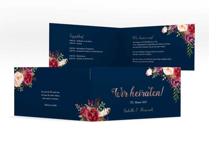 Hochzeitseinladung Flowers lange Klappkarte quer blau rosegold mit bunten Aquarell-Blumen