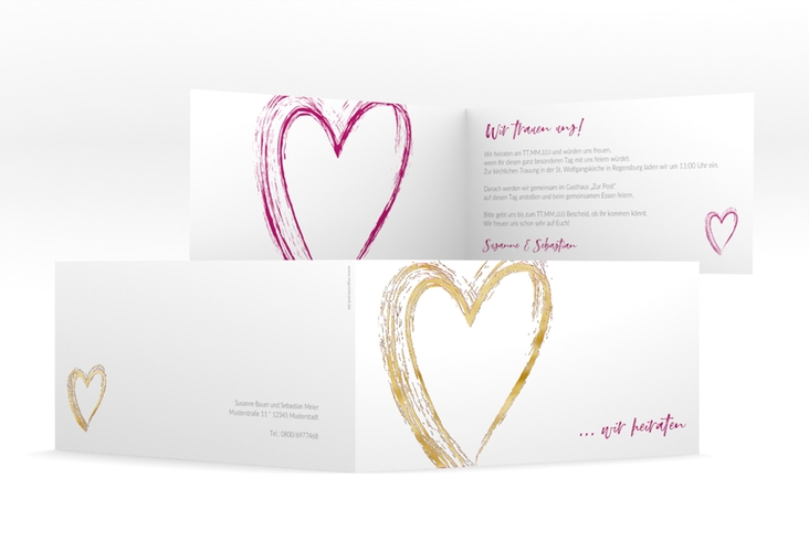 Hochzeitseinladung Liebe lange Klappkarte quer pink gold