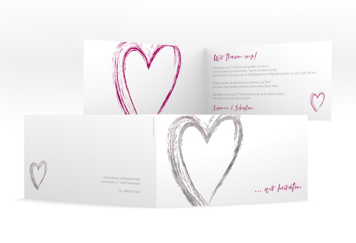 Hochzeitseinladung Liebe lange Klappkarte quer pink silber