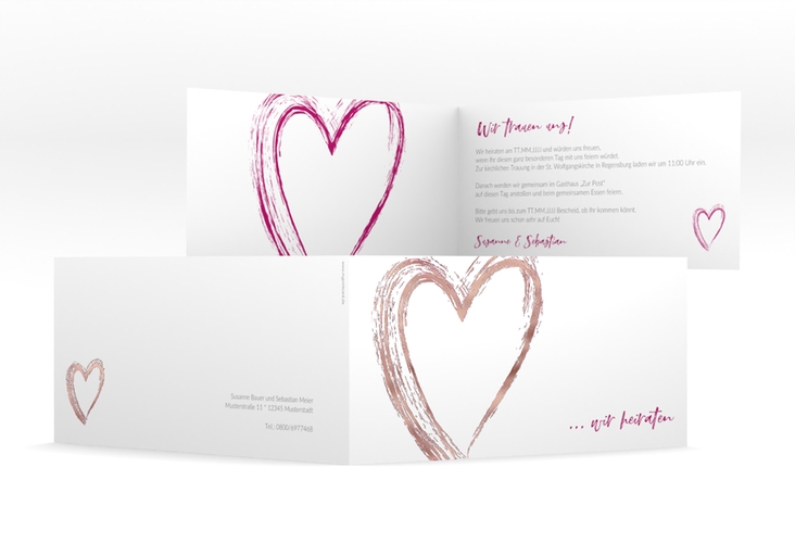 Hochzeitseinladung Liebe lange Klappkarte quer pink rosegold