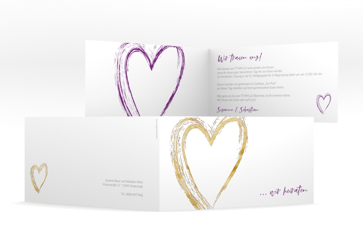 Hochzeitseinladung Liebe lange Klappkarte quer lila gold