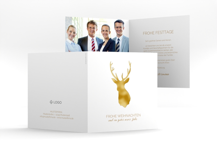 Business-Weihnachtskarte Deer quadr. Klappkarte gold gold und weiß mit Hirsch-Motiv