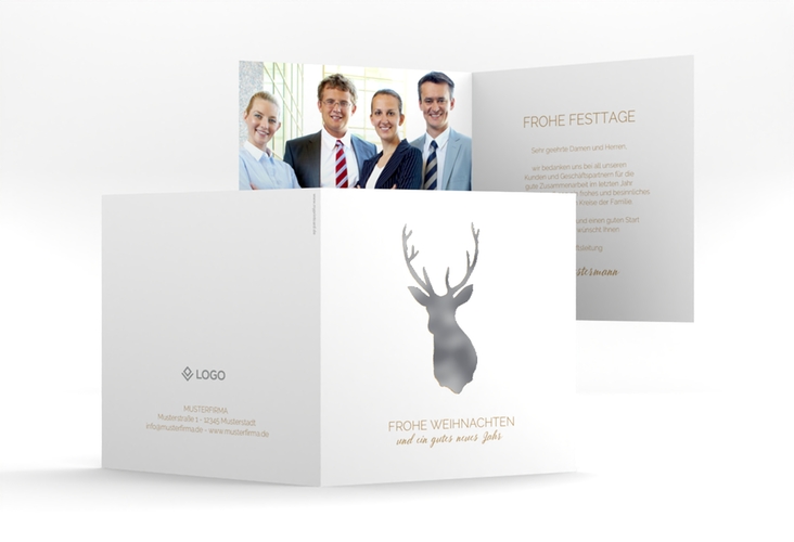 Business-Weihnachtskarte Deer quadr. Klappkarte gold silber und weiß mit Hirsch-Motiv