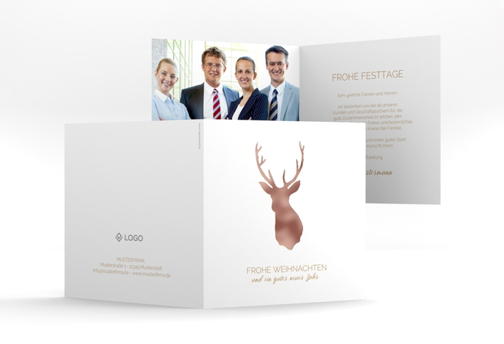 Business-Weihnachtskarte Deer quadr. Klappkarte gold rosegold und weiß mit Hirsch-Motiv