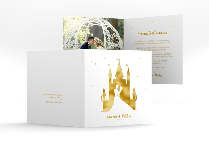 Hochzeitseinladung Castle quadr. Klappkarte gold gold