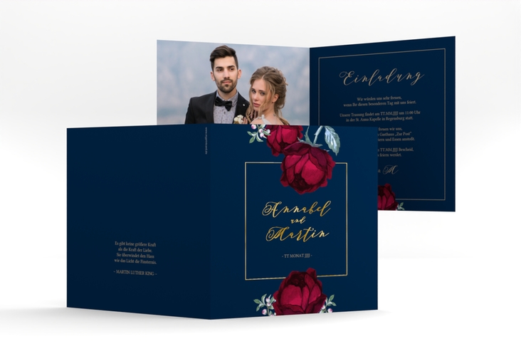 Hochzeitseinladung Peonies quadr. Klappkarte blau gold elegant mit Pfingstrosen