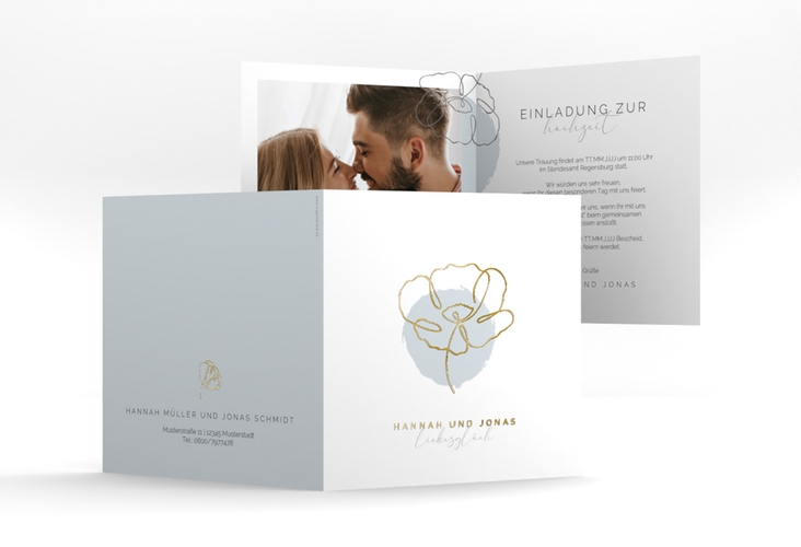 Hochzeitseinladung Flowerline quadr. Klappkarte blau gold