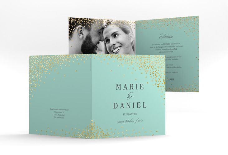 Hochzeitseinladung Glitter quadr. Klappkarte mint gold